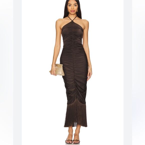 Baobab Collection Zoe Dress Maroon Chocolate halter stretch fringe Revolve XS - Picture 1 of 10